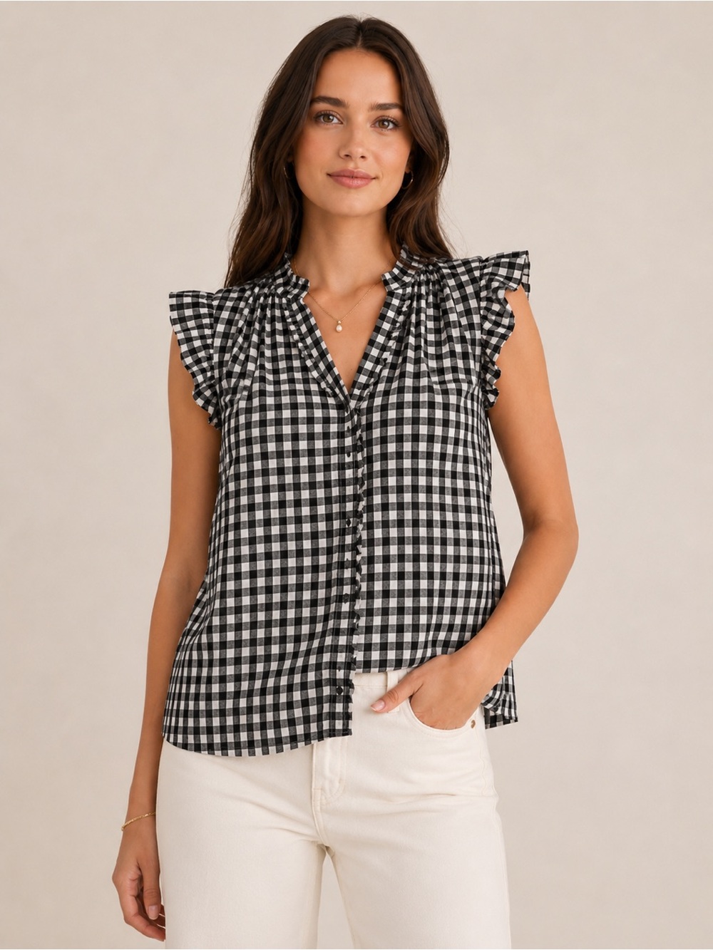 J. Crew Navy & White Gingham Sleeveless Ruffle Top - Picture 1 of 4